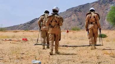عاملون في مشروع «مسام» السعودي يقومون بتمشيط منطقة يمنية ملوثة بالألغام